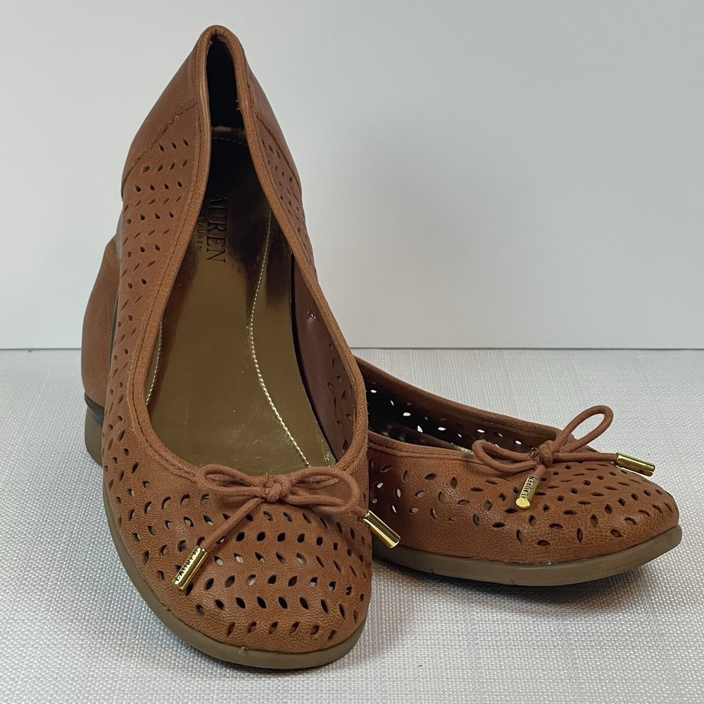 Ralph Lauren Goat Leather Nia Brown Perforated Slip on Flat Shoes Size 10 B